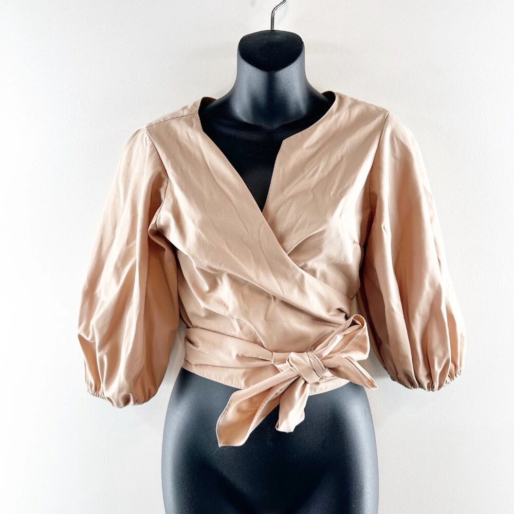 Amanda Uprichard Puff-Sleeve Wrap Top – Peach/Beige – Size Small